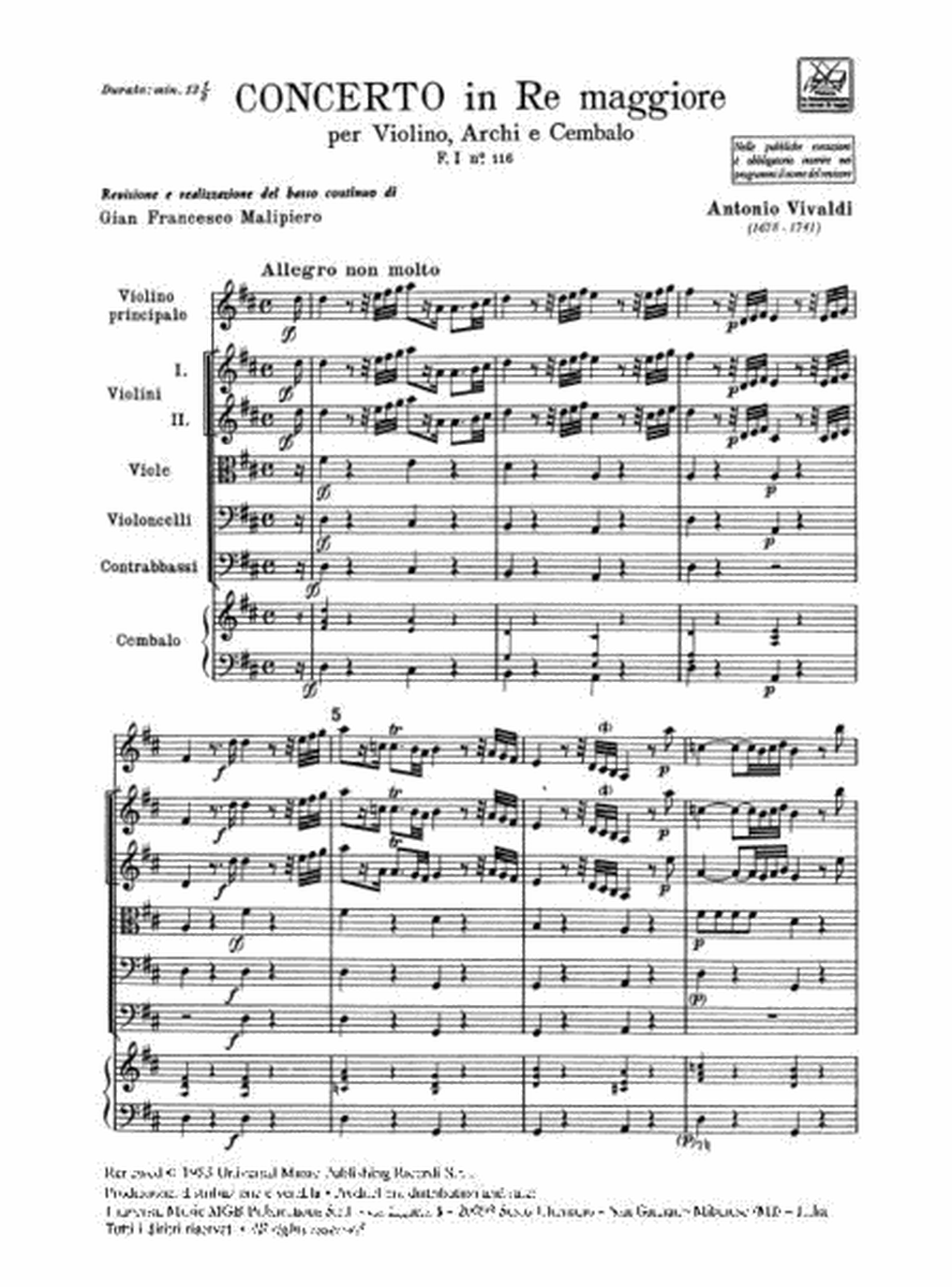 Concerto Per Violino, Archi E B.C.: In Re Rv 211