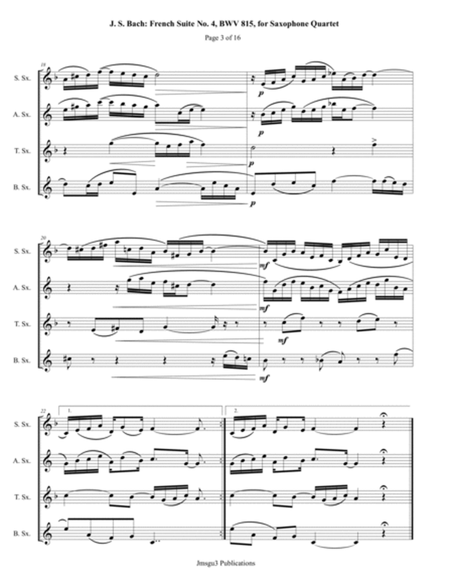 Bach: French Suite No. 4, BWV 815, for Saxophone Quartet - Score Only image number null