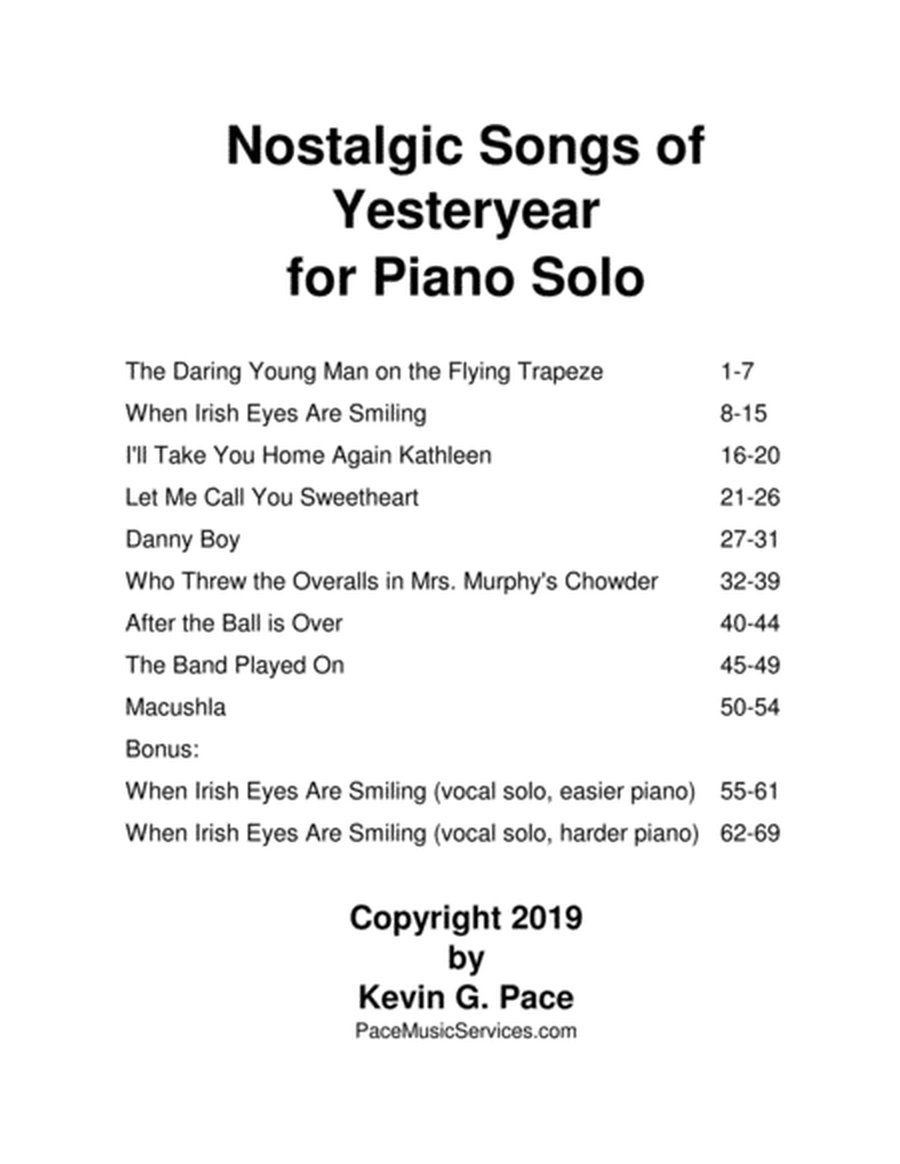 Nostalgic Songs of Yesteryear for piano solo, vocal solo or unison choir image number null