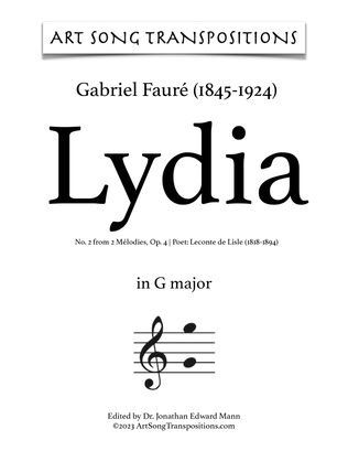 Book cover for FAURÉ: Lydia, Op. 4 no. 2 (transposed to G major, F-sharp major, and F major)