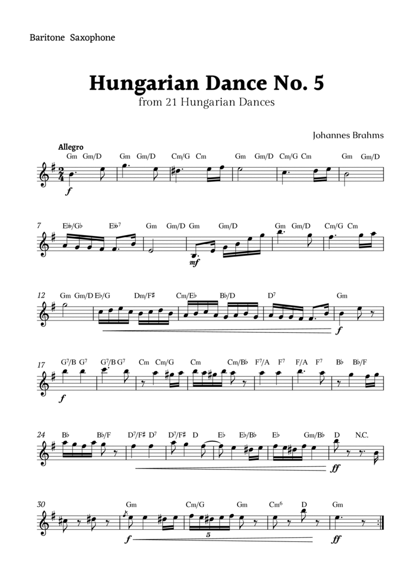 Hungarian Dance No. 5 by Brahms for Baritone Sax Solo with Chords image number null