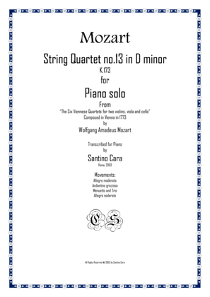 Book cover for Mozart – Complete String quartet no.13 in D minor K173 for piano solo