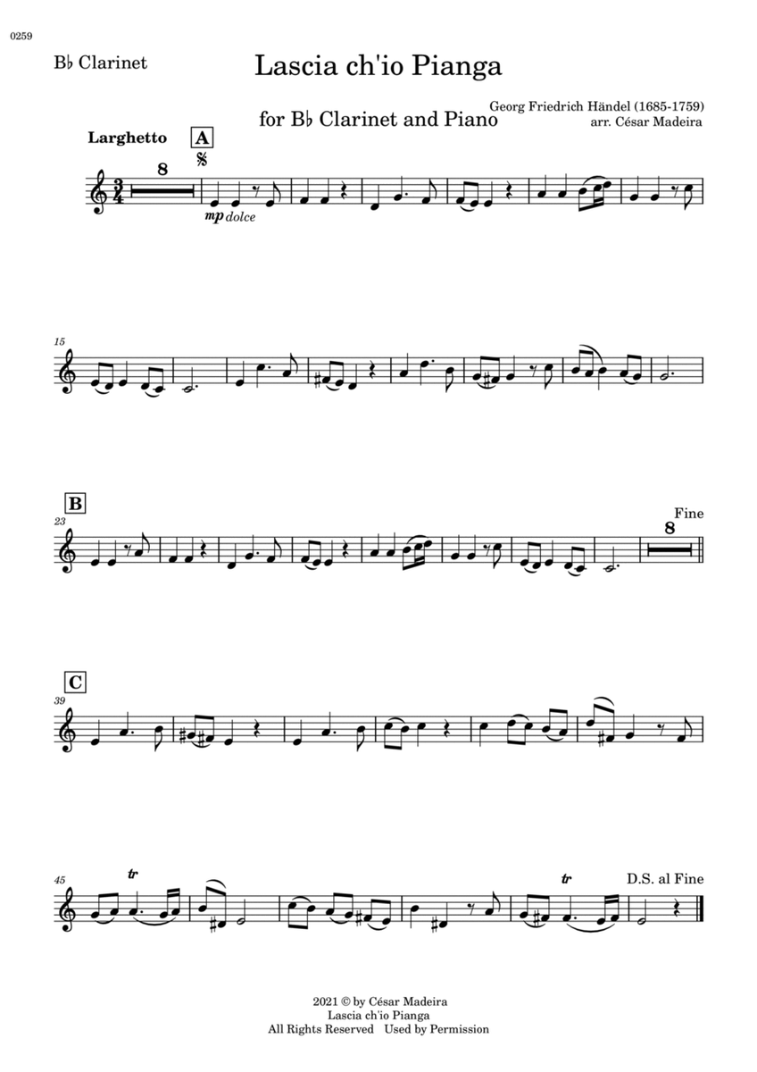 Lascia Ch'io Pianga - Bb Clarinet and Piano (Individual Parts) image number null
