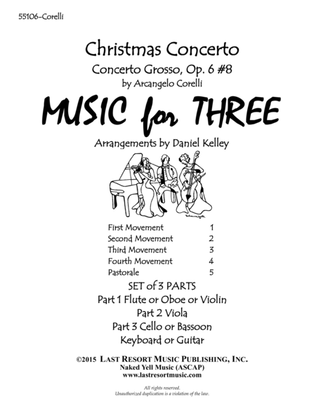 Book cover for Christmas Concerto (Concerto Grosso Op. 6 #8) for Piano Quartet (Violin, Viola, Cello, Piano) Set of