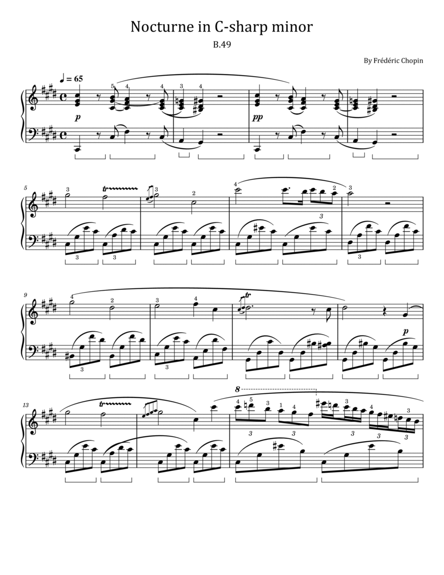 Chopin - Nocturne in C sharp Minor - B.49 - For Piano Solo With Fingered image number null