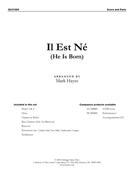 Il Est Ne (He Is Born) - Woodwinds and Percussion Score and Parts