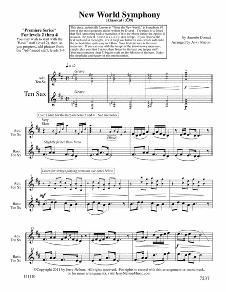 New World Symphony - Dvorak (Arrangements Level 2-4 for TENOR SAX + Written Acc) image number null