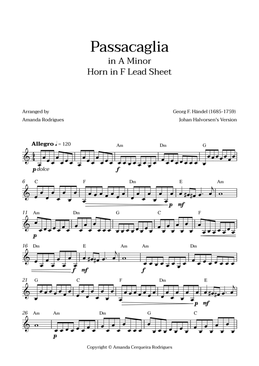 Passacaglia - Easy Horn in F Lead Sheet in Am Minor (Johan Halvorsen's Version) image number null