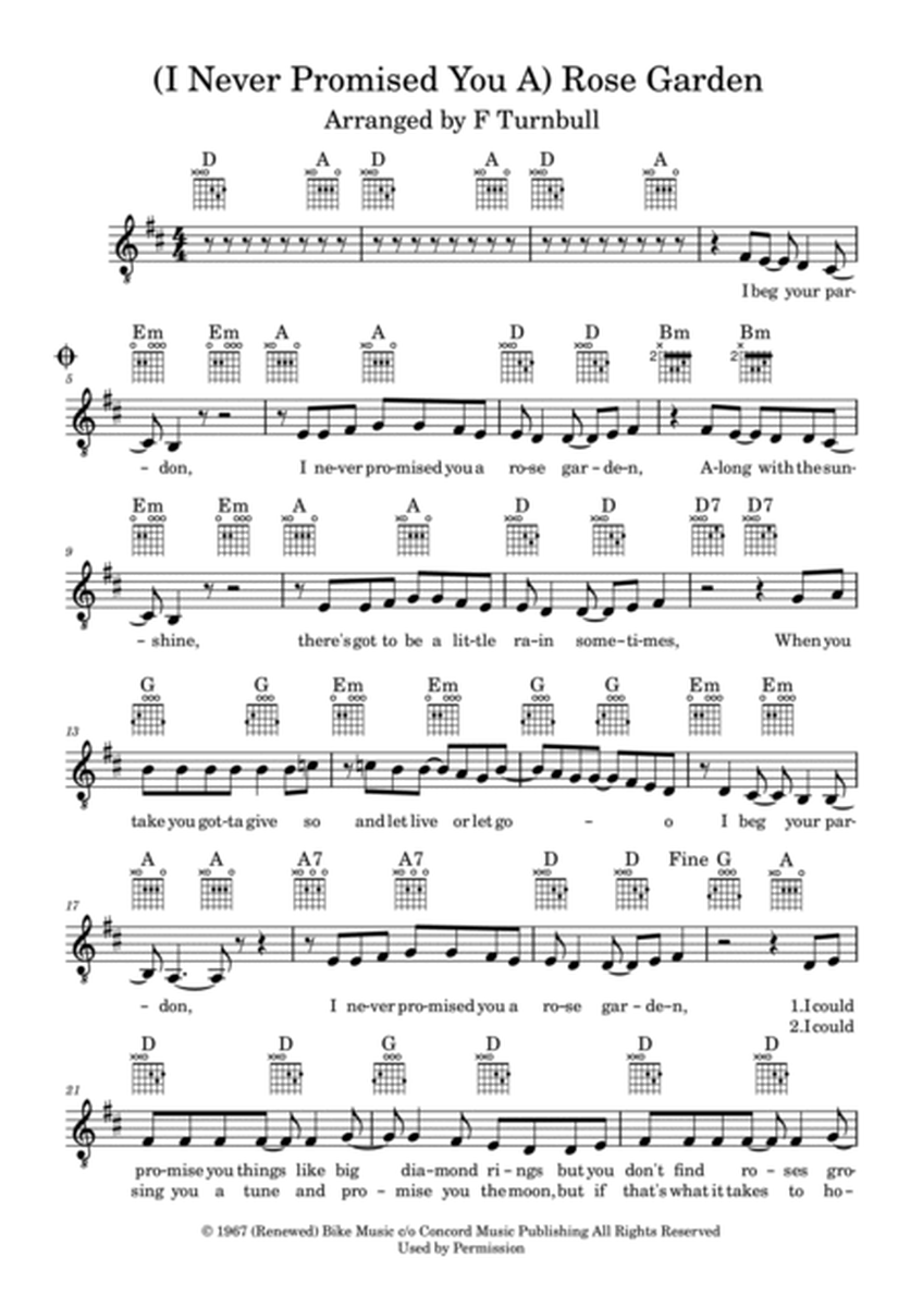 (i Never Promised You A) Rose Garden by Lynn Anderson Piano, Vocal, Guitar - Digital Sheet Music