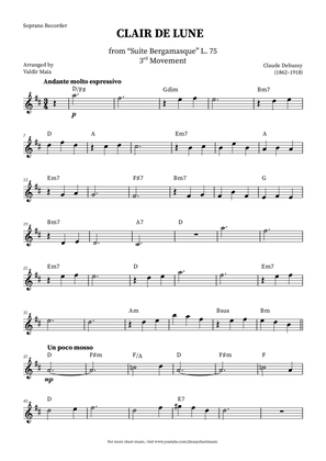 Clair de Lune - Soprano Recorder + CHORDS