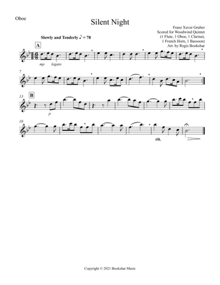Silent Night (Bb) (Woodwind Quintet - 1 Flute, 1 Oboe, 1 Clar, 1 Hrn, 1 Bassoon) by Franz Xaver Gruber Woodwind Quintet - Digital Sheet Music