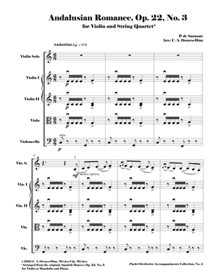 Book cover for Sarasate - Andalusian Romance, Op. 22, No. 3 - Arrangement for Violin and String Quartet (SCORE)