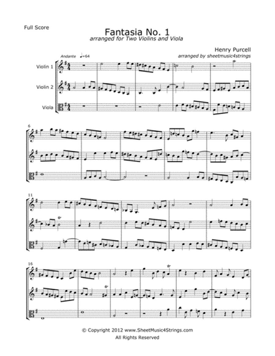 Purcell, H. - Fantasia No.1 for Two Violins and Viola image number null