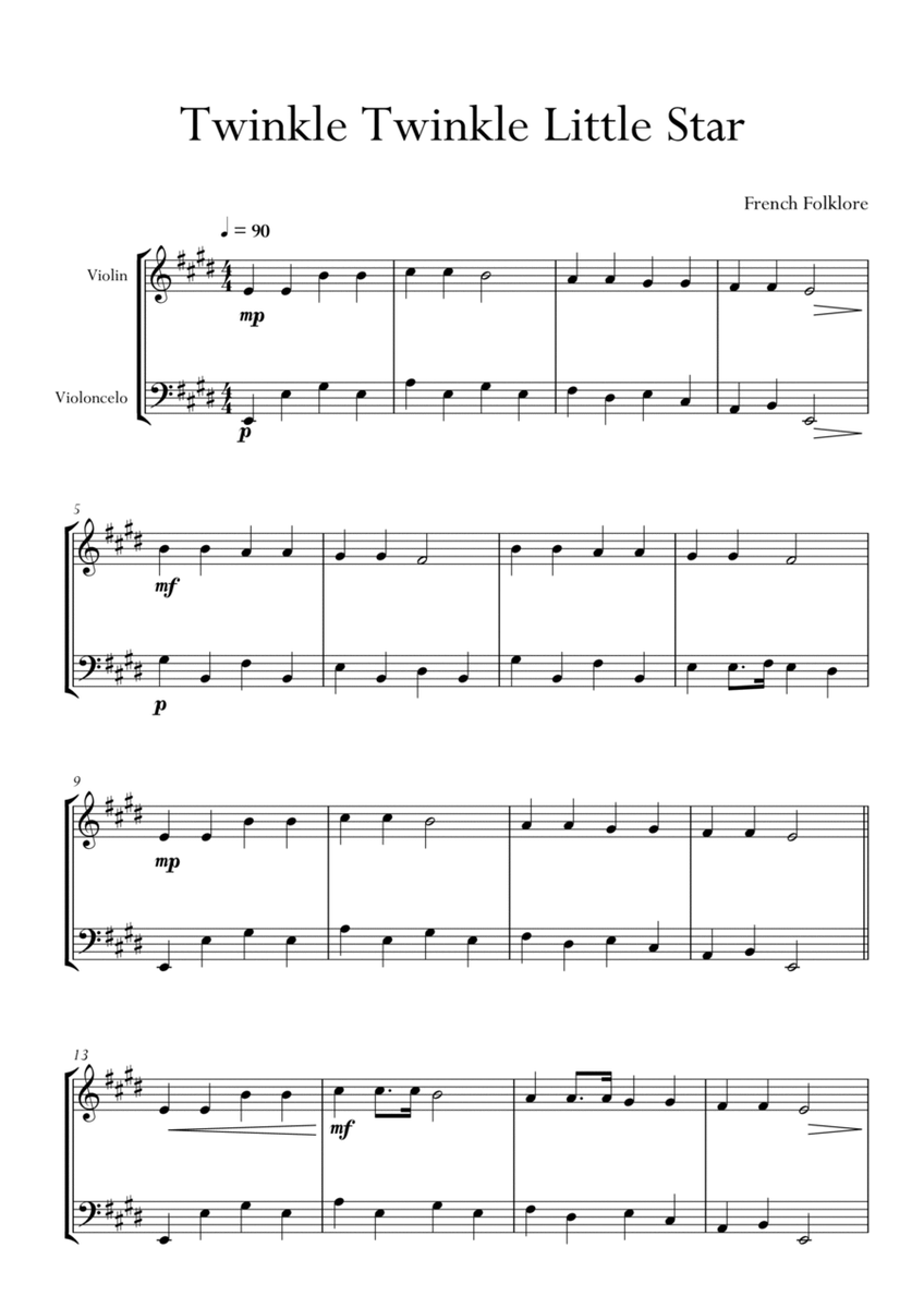 Twinkle Twinkle Little Star in E Major for Violin and Cello Duo. Easy version. image number null