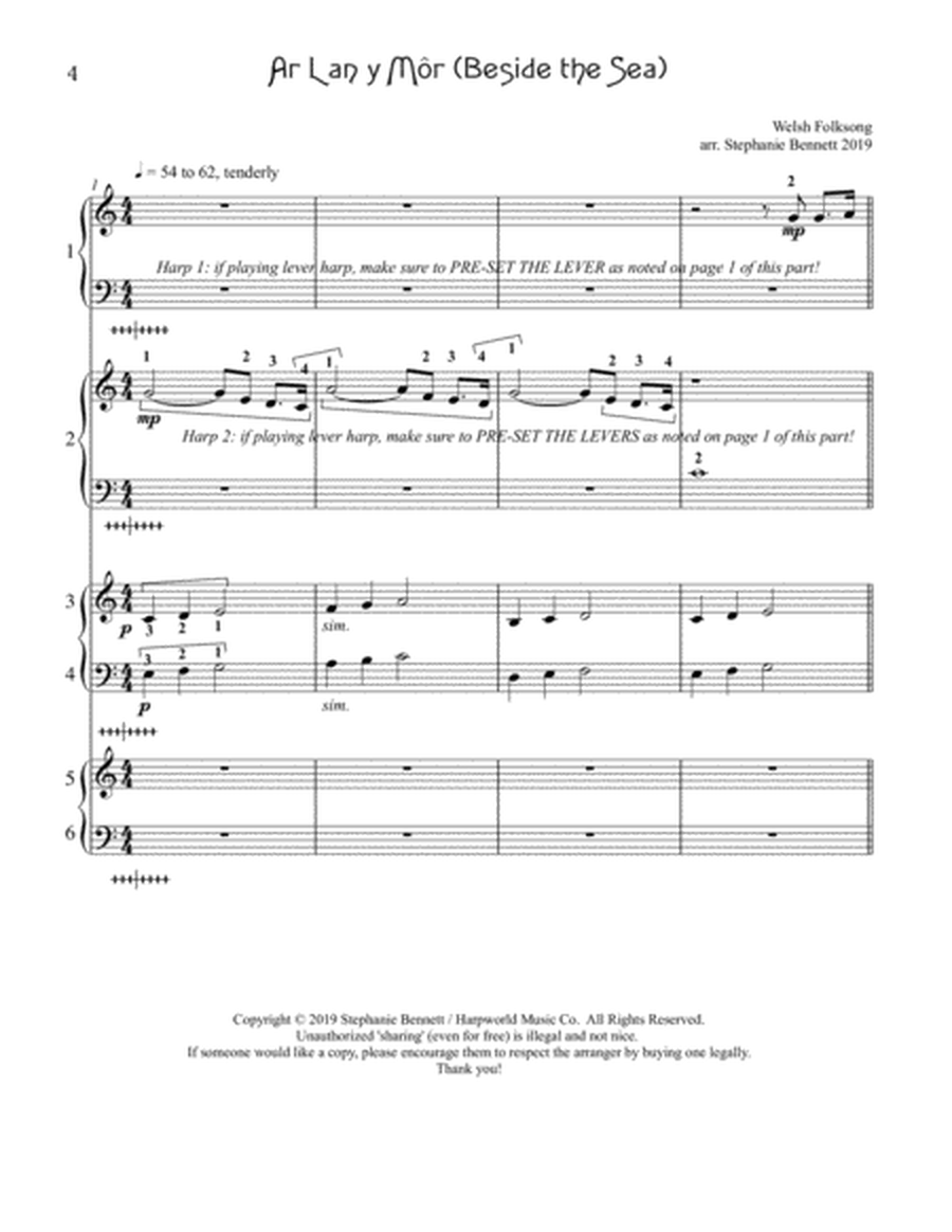 Ar Lan y Môr (Beside the Sea) FULL SET score & parts for harp ensemble image number null