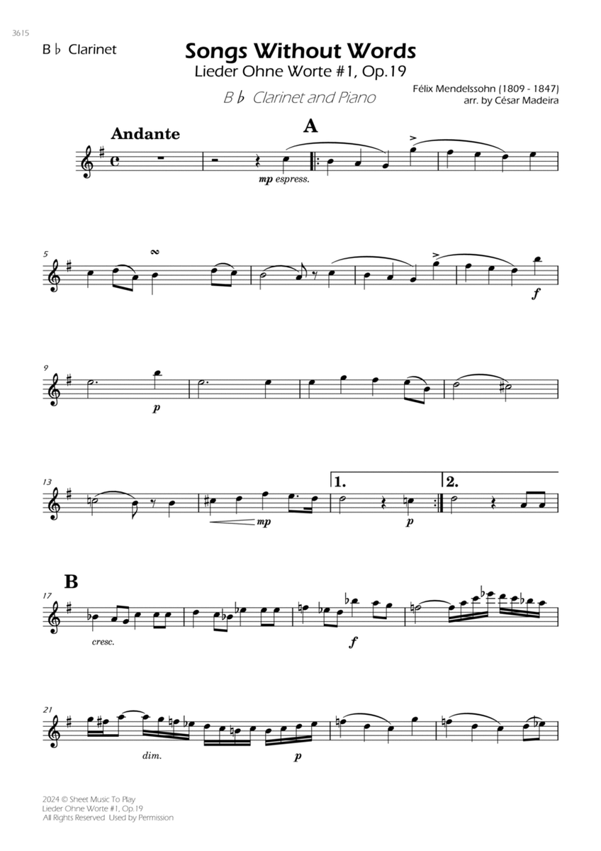 Songs Without Words No.1, Op.19 - Bb Clarinet and Piano (Individual Parts) image number null
