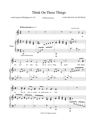Book cover for Think on These Things (SATB and piano) 5 pages.
