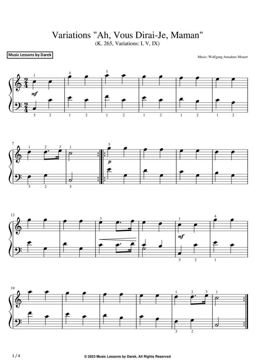 Variations "Ah, Vous Dirai-Je, Maman" (EASY PIANO) (K. 265, Variations: I, V, IX) [Mozart] image number null