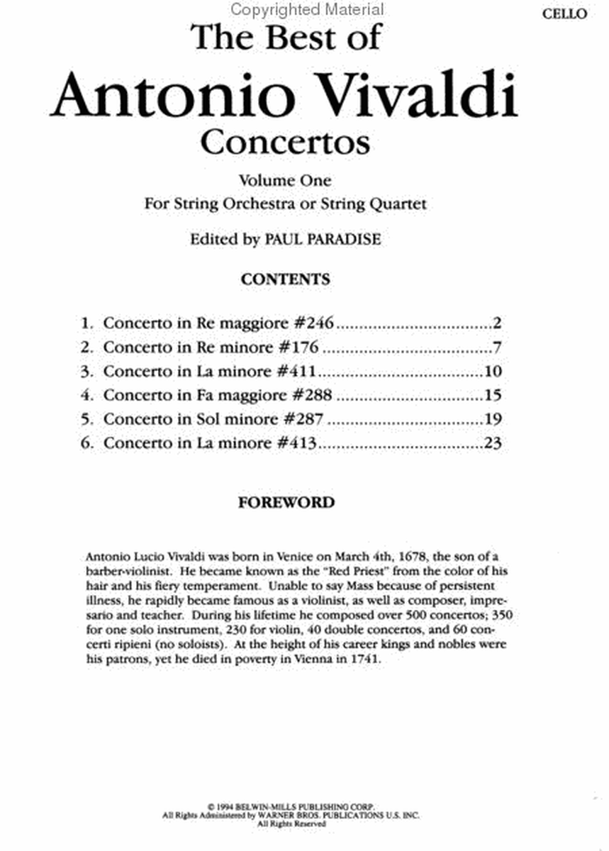 The Best of Antonio Vivaldi Concertos (For String Orchestra or String Quartet), Volume 1