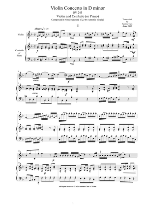 Book cover for Vivaldi - Violin Concerto in D minor RV 243 for Violin and Cembalo (or Piano)