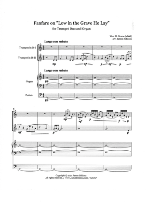 Book cover for Fanfare on "Low in the Grave He Lay" for Trumpet Duo and Organ: Score and 2 Parts