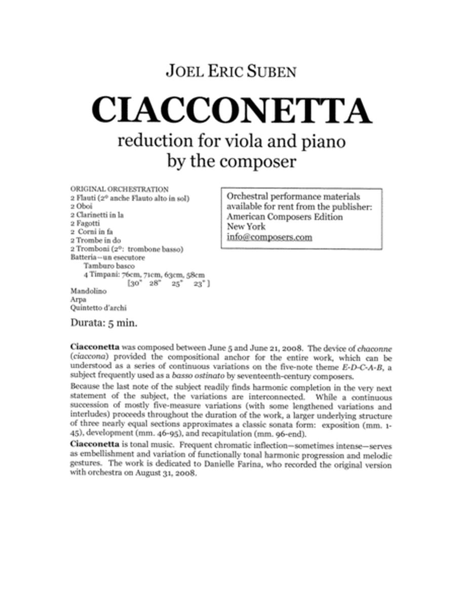 [Suben] Ciacconetta (Piano Reduction)