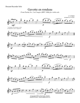 Book cover for Gavotte en rondeau BWV 1006 for descant recorder solo