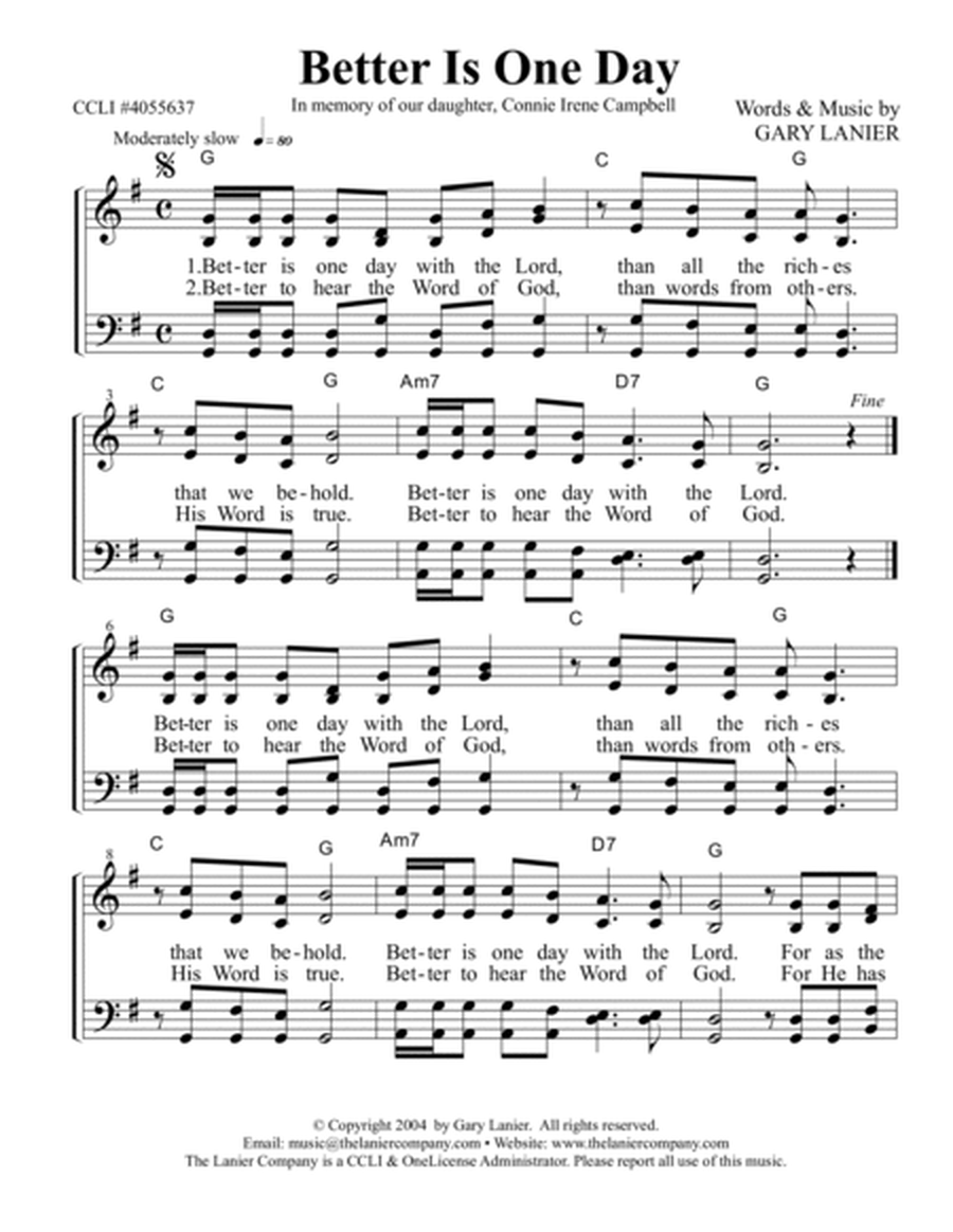 BETTER IS ONE DAY, Worship Hymn Sheet (Includes 4 Part Vocal, Lyrics & Chords) image number null
