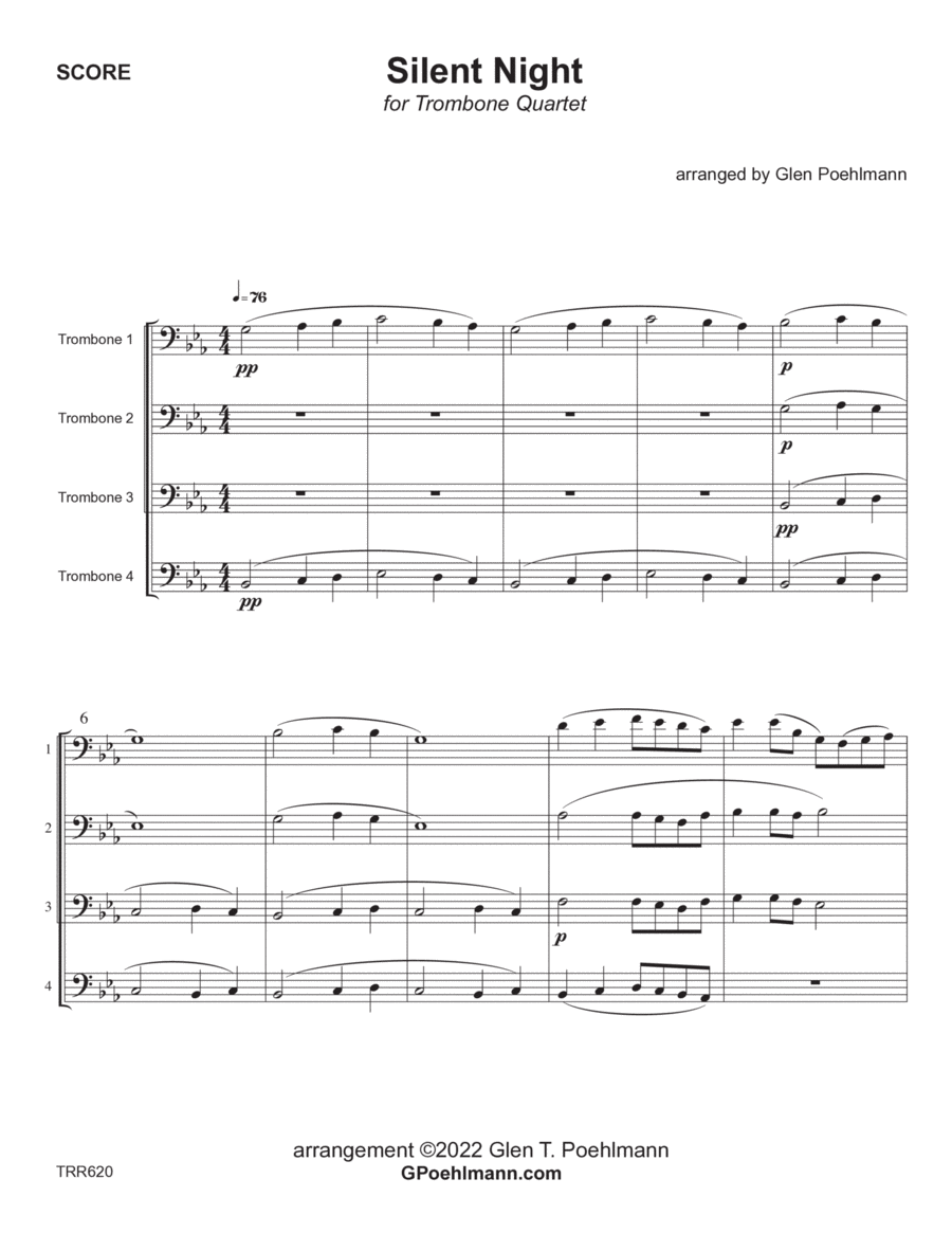 SILENT NIGHT - Trombone Quartet (Grade 3+) - includes Baritone TC for all parts image number null