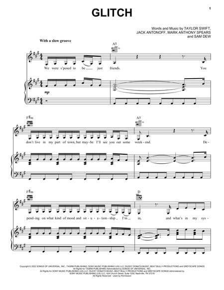 Glitch by Taylor Swift - Piano, Vocal, Guitar - Digital Sheet