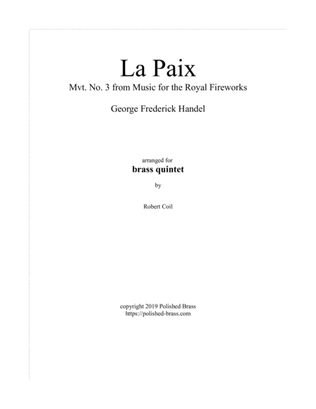 Book cover for La Paix Mvt 3 from the Royal Fireworks (Brass quintet)