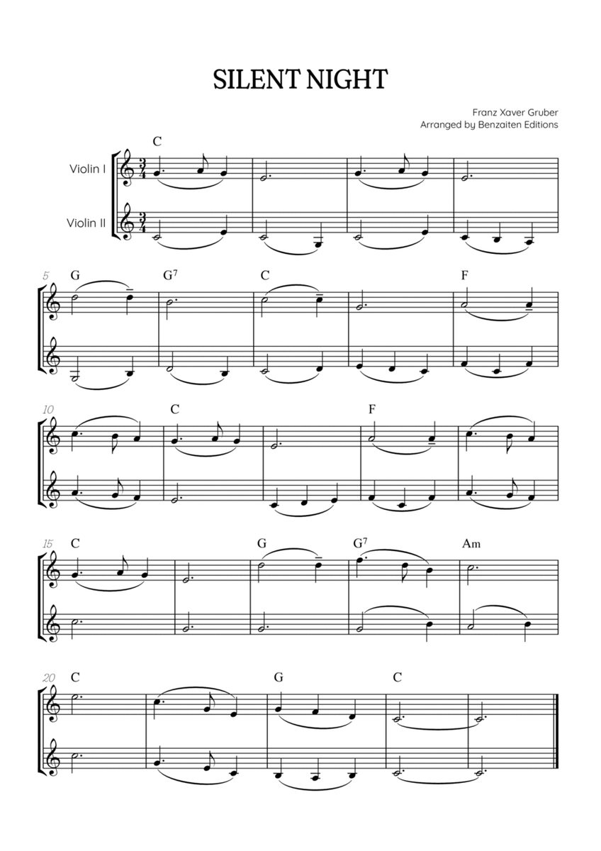 Silent Night for violin duet • easy Christmas song sheet music with chords image number null