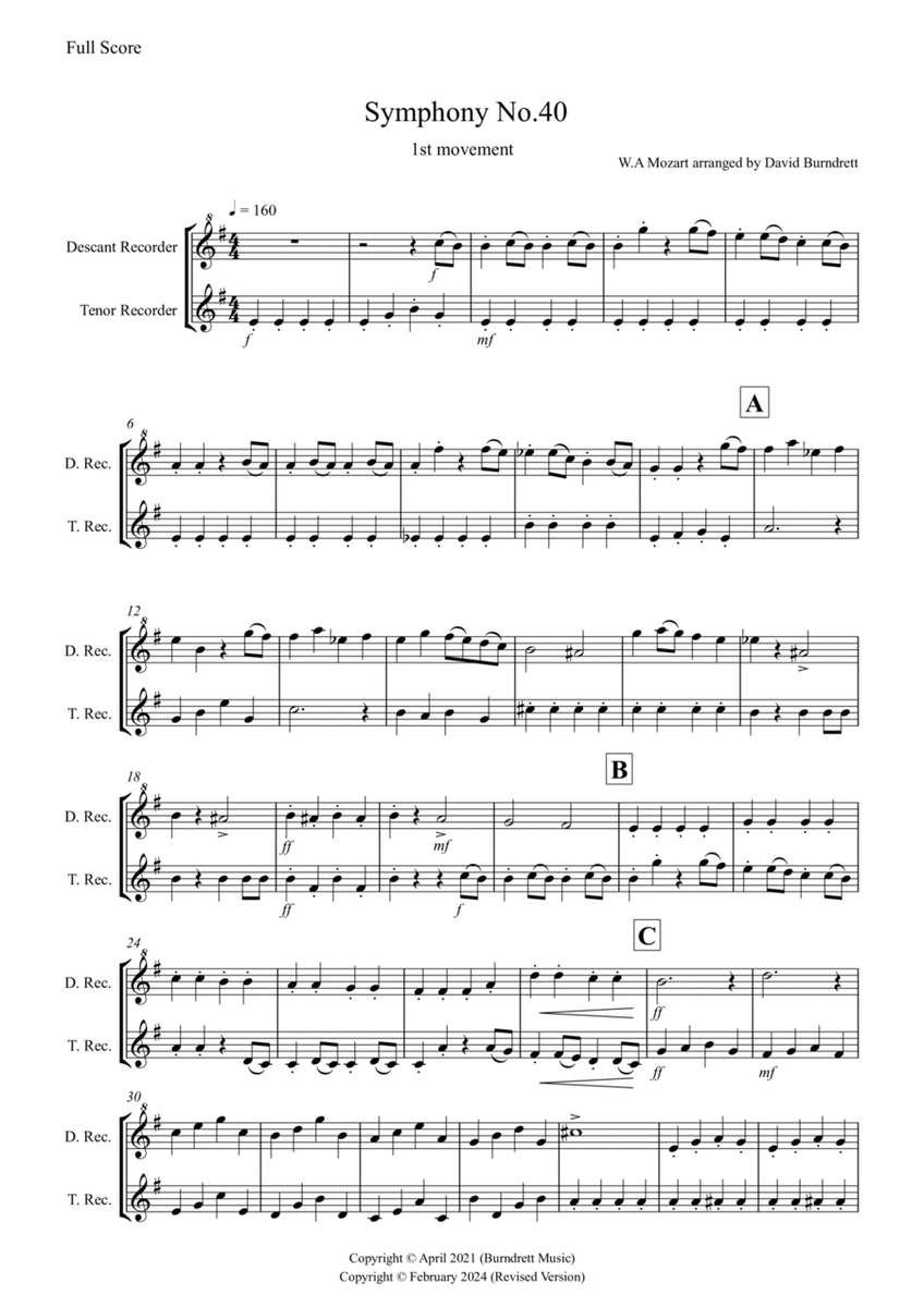 Symphony No.40 (1st movement) for Descant and Tenor Recorder Duet image number null