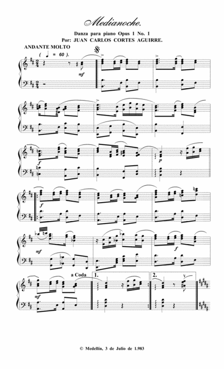 Medianoche. Danza Opus 1 No. 1 para Piano Solo por Juan Carlos Cortés Aguirre image number null
