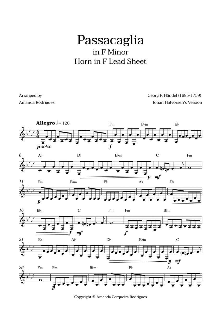 Passacaglia - Easy Horn in F Lead Sheet in Fm Minor (Johan Halvorsen's Version) image number null