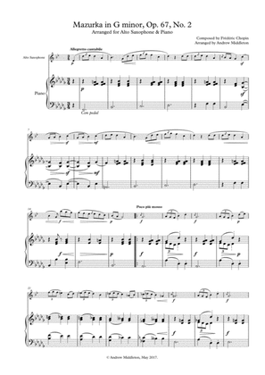 Book cover for Mazurka in G Minor, Op. 67 No. 2 arranged for Alto Saxophone and Piano