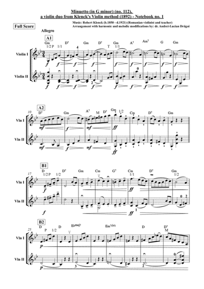 Robert Klenck - Minuetto (in G minor) (no. 112), a violin duo from Klenck's Violin method (1892) - N image number null