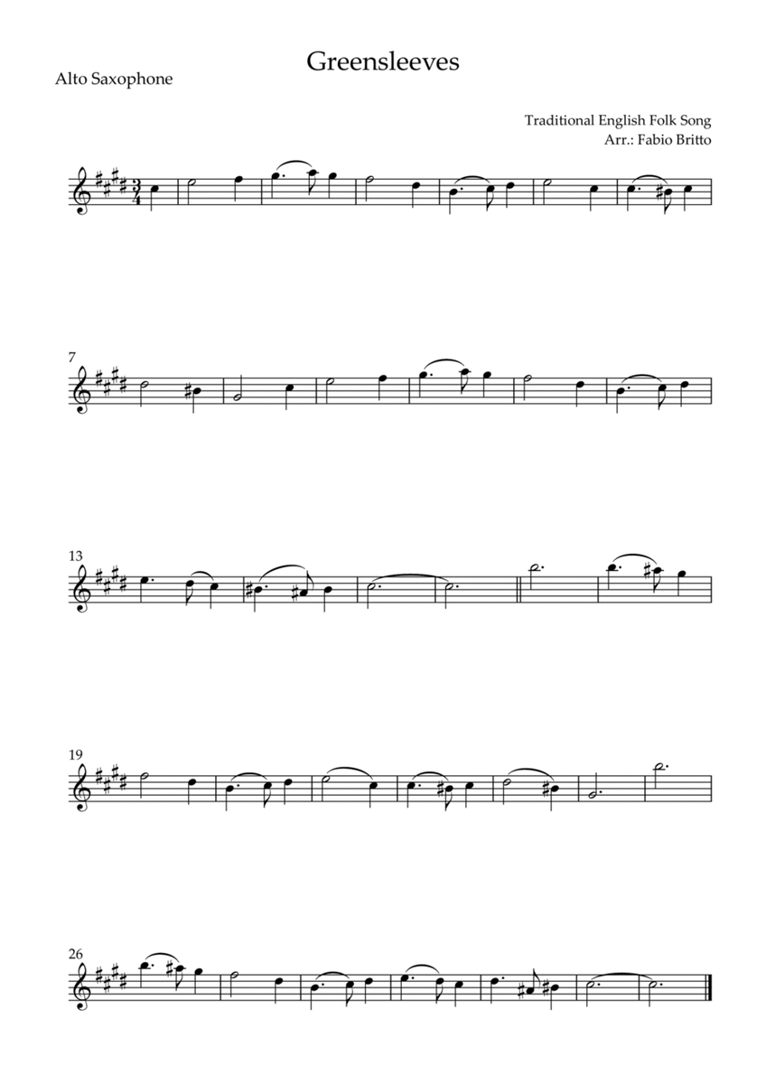 Greensleeves for Alto Saxophone Solo (E Minor)