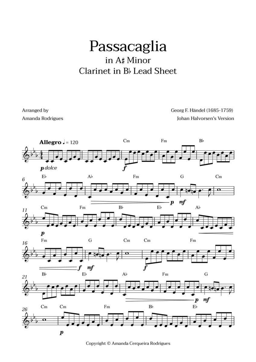 Passacaglia - Easy Clarinet in Bb Lead Sheet in A#m Minor (Johan Halvorsen's Version) image number null