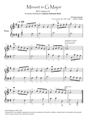 Book cover for Minuet in G major (Bach) with note names, finger numbers and general information