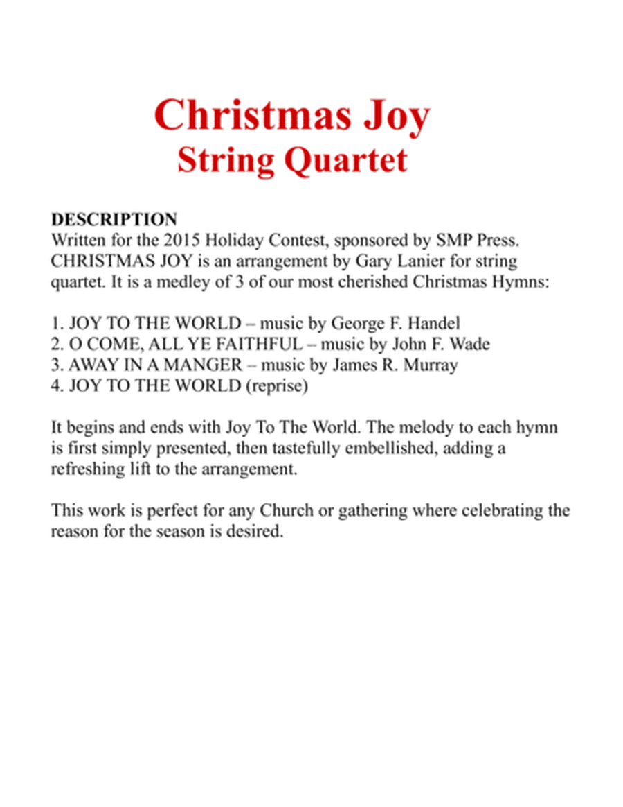 Gary Lanier: CHRISTMAS JOY (String Quartet/Score and Parts) image number null