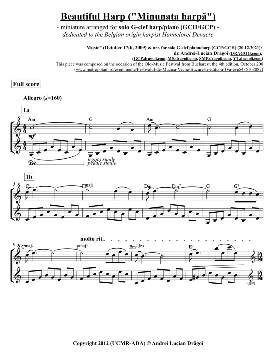 Beautiful Harp ("Minunata harpă") - - arr. for G-clef harp/piano (GCH/GCP) (from my Piano solo aud image number null