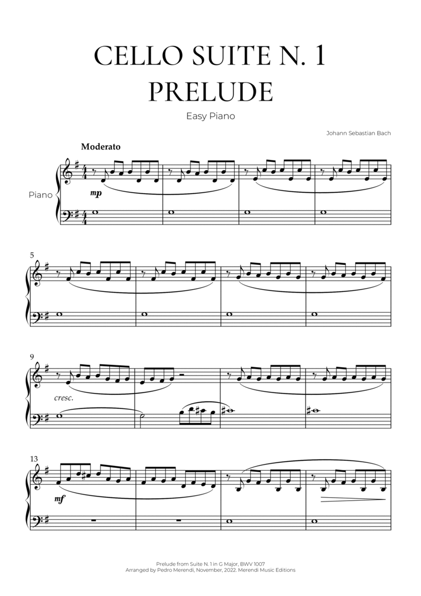 Cello Suite N. 1 in G Major, Prelude (Easy Piano) - Bach image number null