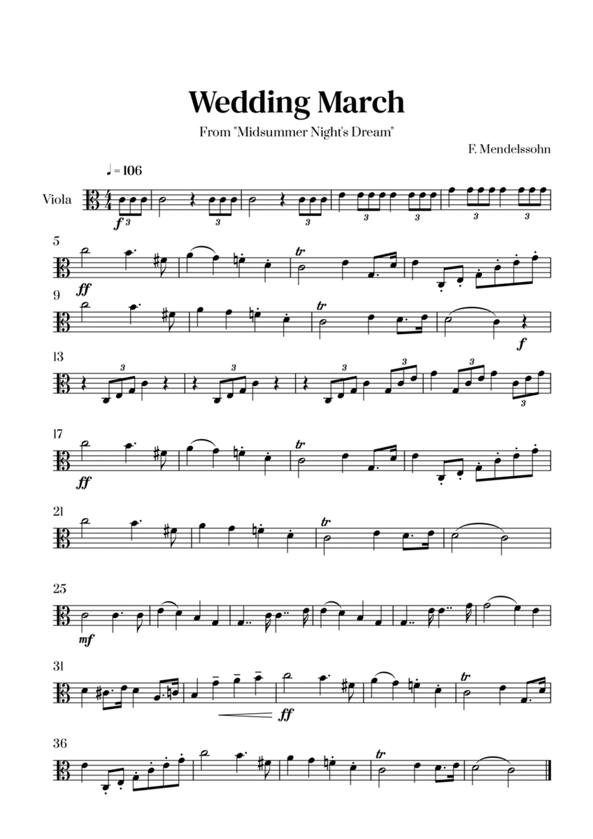 Felix Mendelssohn - Wedding March From Midsummer Night's Dream for Viola Solo image number null
