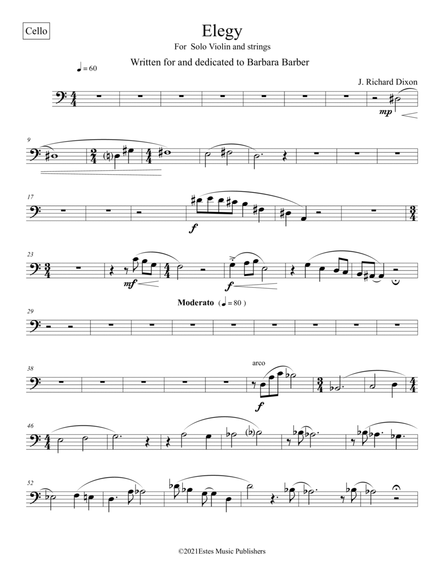 "Elegy" for Solo Violin and string orchestra/Cello Part