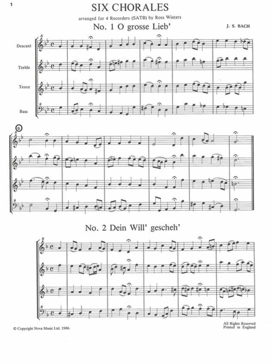 Six Chorales for Recorder Quartet