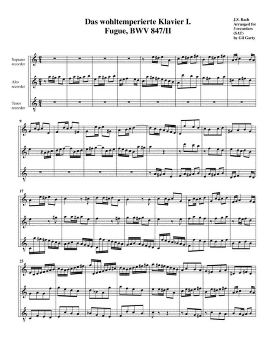 Fugue from Das wohltemperierte Klavier I, BWV 847/II (arrangement for 3 recorders)
