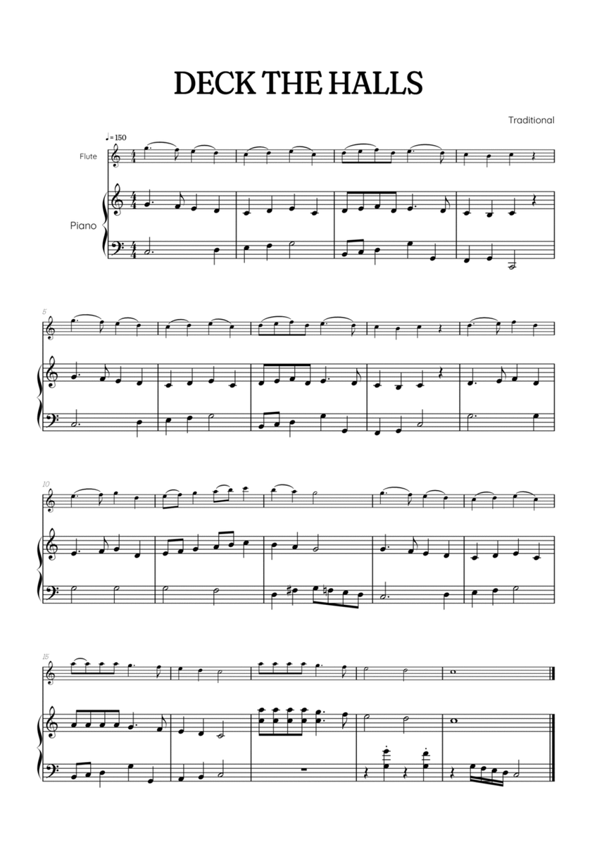 Deck the Halls for flute with piano accompaniment • easy Christmas song sheet music  image number null