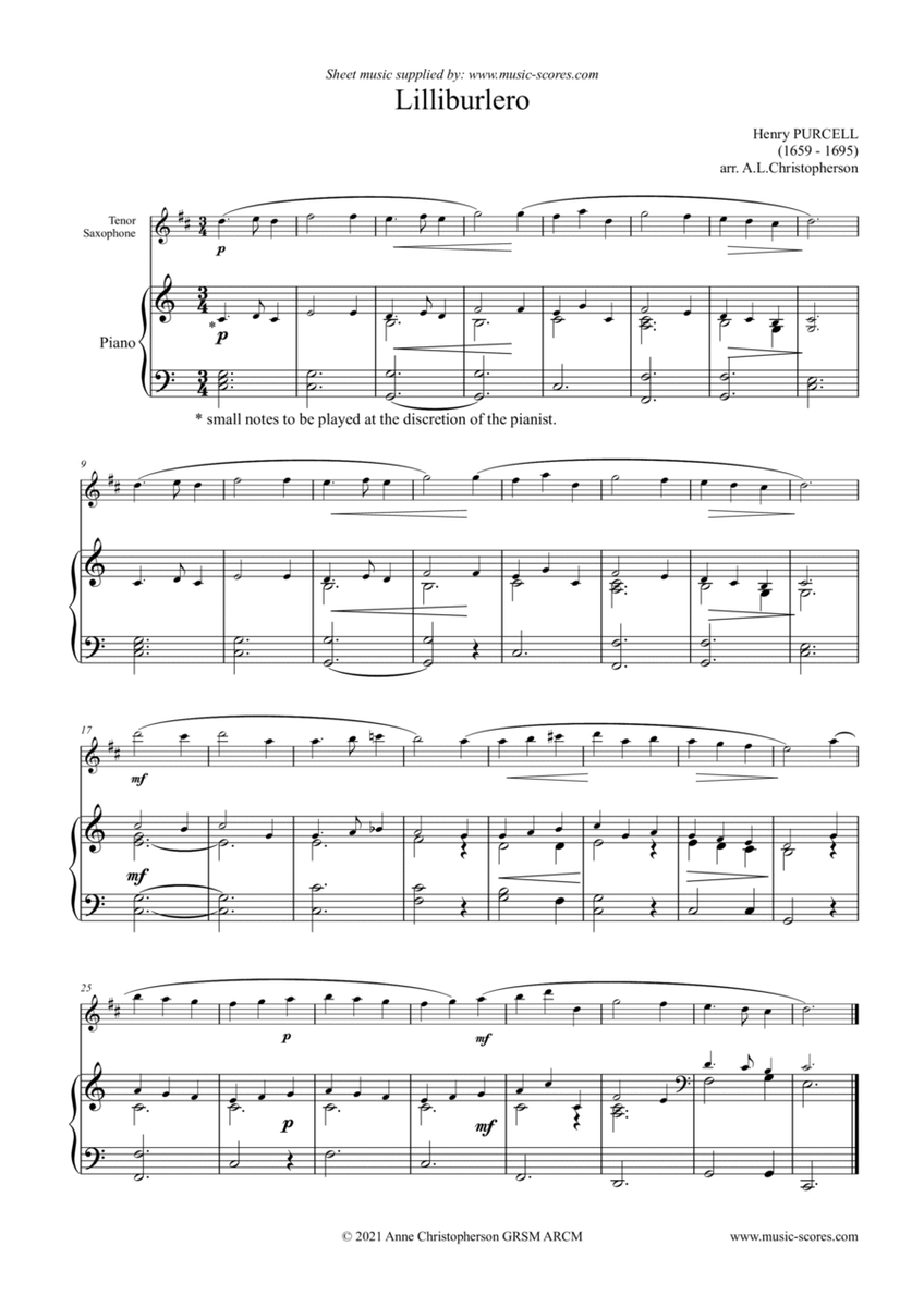 Lilliburlero - Tenor Sax and Piano image number null