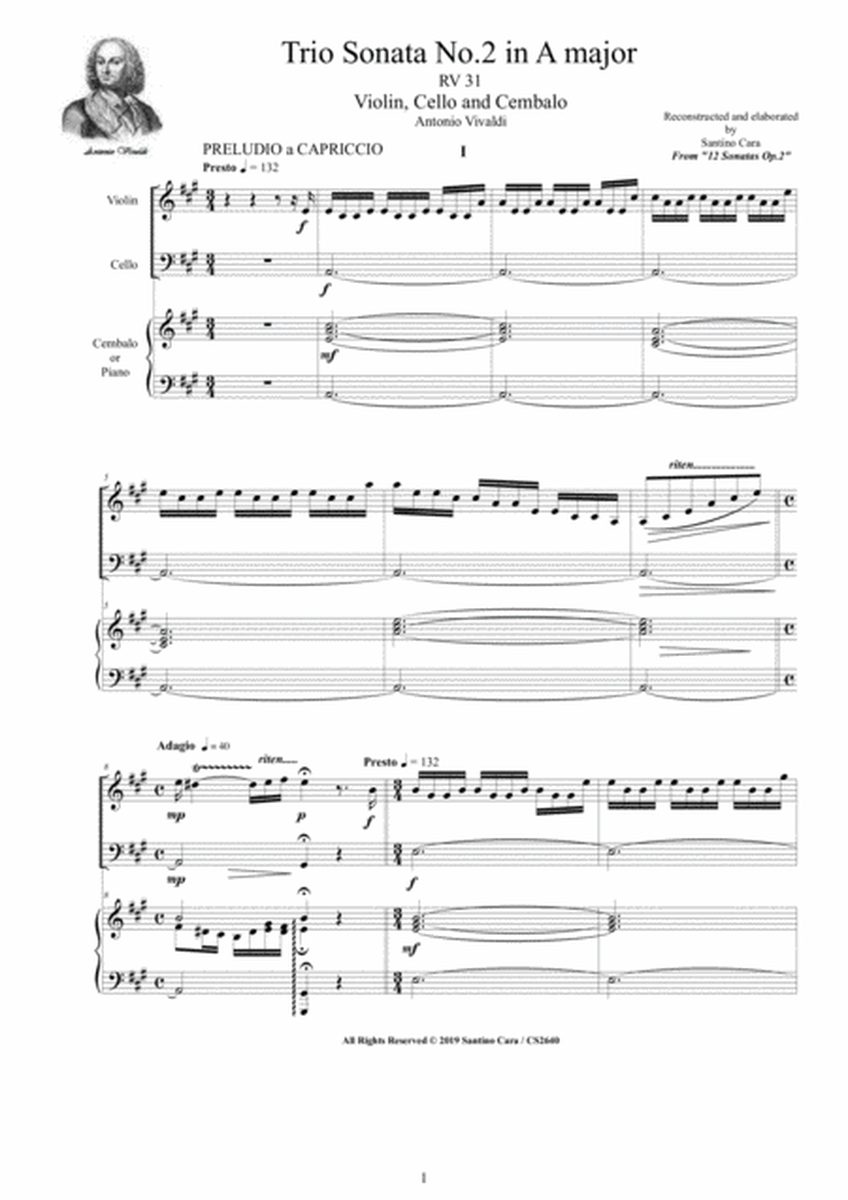 Vivaldi - Trio Sonata No.2 in A major RV 31 Op.2 for Violin, Cello and Cembalo (or Piano) image number null